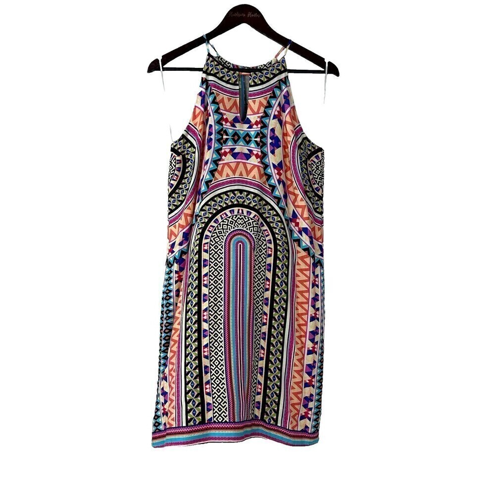 Renee C Women Size S Sleeveless Halter Top Dress Geometric Print Lined Boho R4